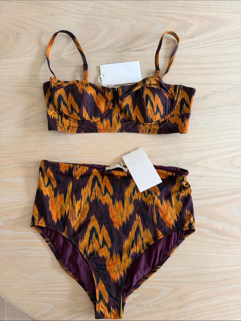 Ulla Johnson Zahara  Ikat-Print Bikini Set in Mustard & Plum size Large